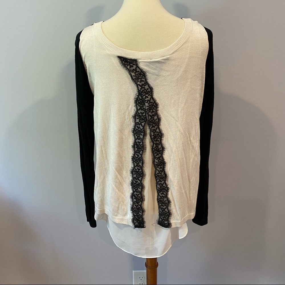 Express Black & Cream Lace Split Back Sweater - image 1